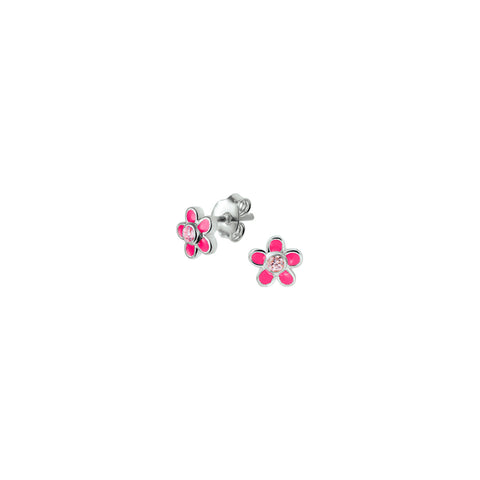 Oorknoppen van 925 Zilver met Roze Bloem en Roze Zirkonia - Formaat 6.5 x 6.5 mm