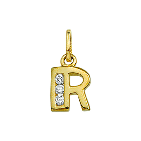 14 Karaat Geelgouden hanger met Zirkonia - Letter R - 6.5 x 10 mm