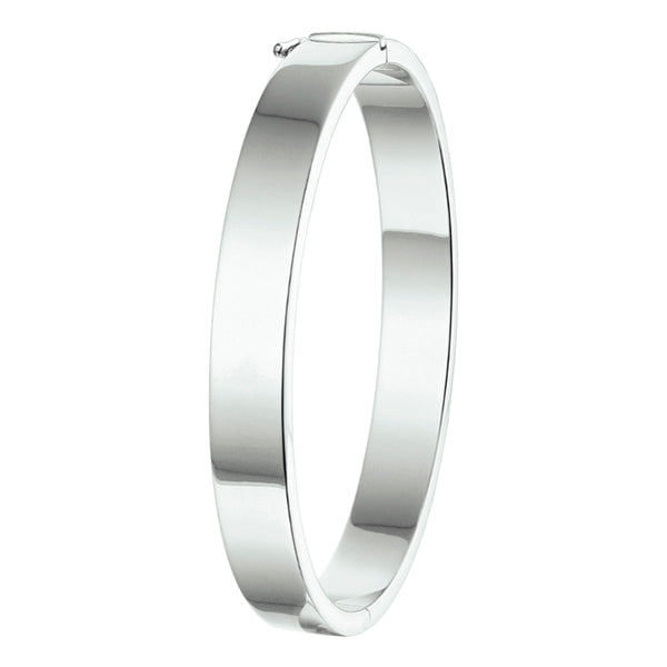 Damesarmband 8mm, Bangle van Gerhodineerd Zilver, Vlakke buis met scharnier - Diameter 65mm