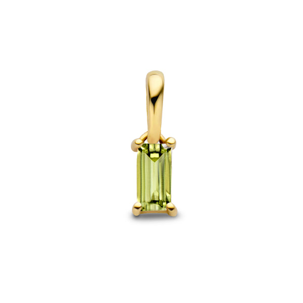 14 Karaat Geelgouden hanger Met Geboortesteen Augustus | Peridot | Formaat 2 x 9mm