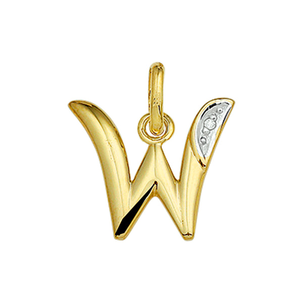 14 Karaat Geelgouden hanger met Diamant 0.005ct - Letter W - 14.3 x 12.5 mm