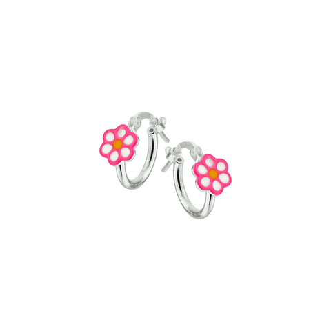 Oorringen van 925 Zilver met roze bloem - Formaat 7 mm - Diameter 12 mm