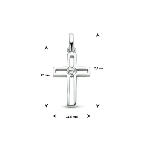 Kruis hanger met Zirkonia van Gerhodineerd Zilver, formaat 11.5 x 23 mm